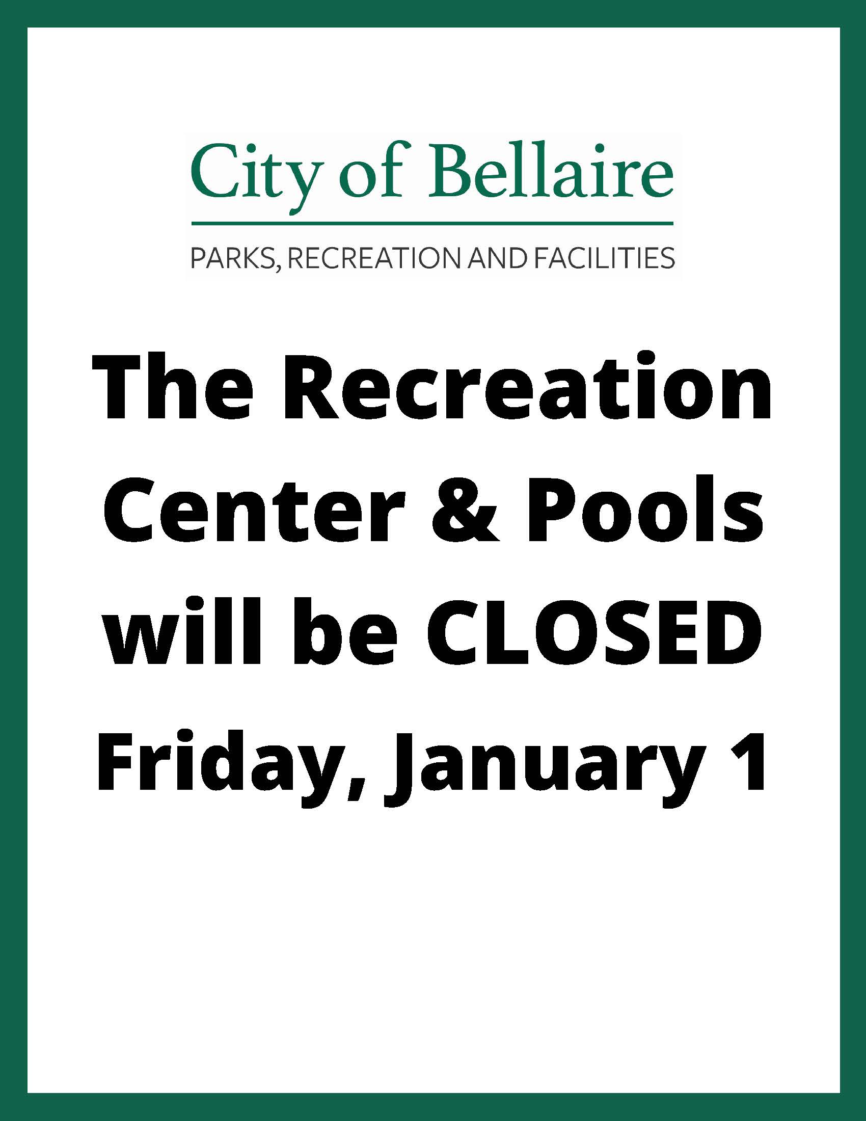 Rec Center Pools Closed January 1