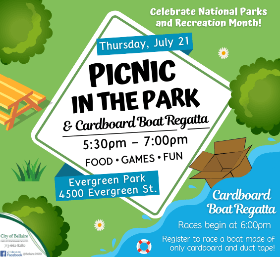 Picnic in the Park and Cardboard Boat Regatta, July 21, Evergreen Park