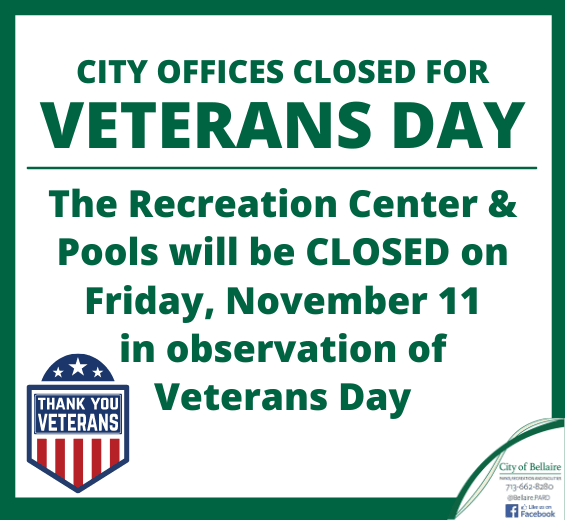 Recreation Center and pools closed November 11 for Veterans Day